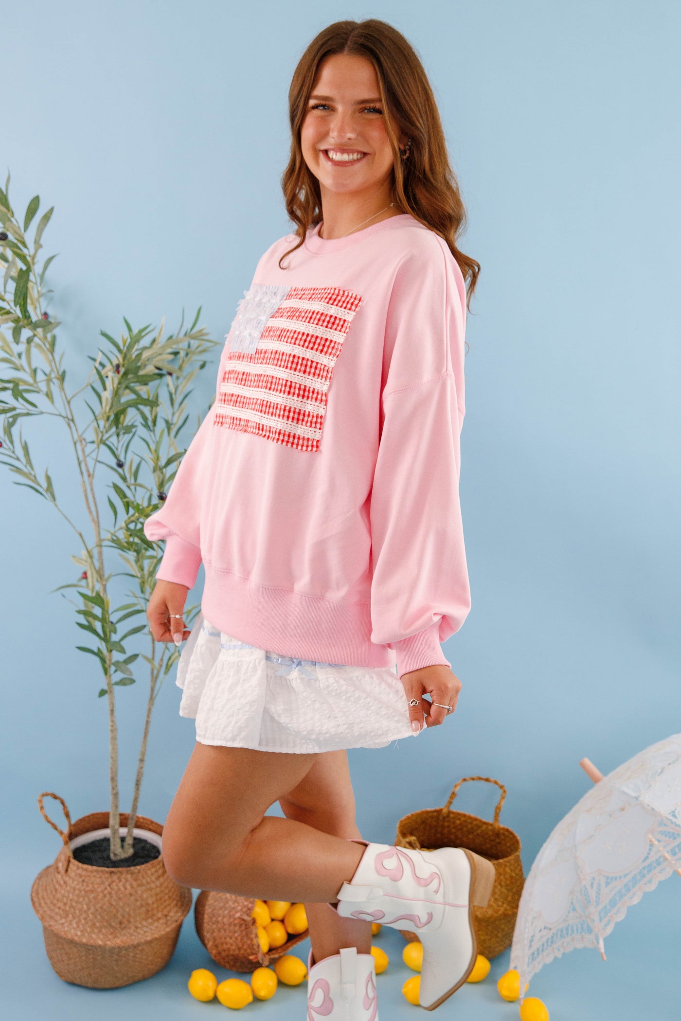 Women's Blush Pink American Flag Pullover- Ribbon and Bow Flag Pullover