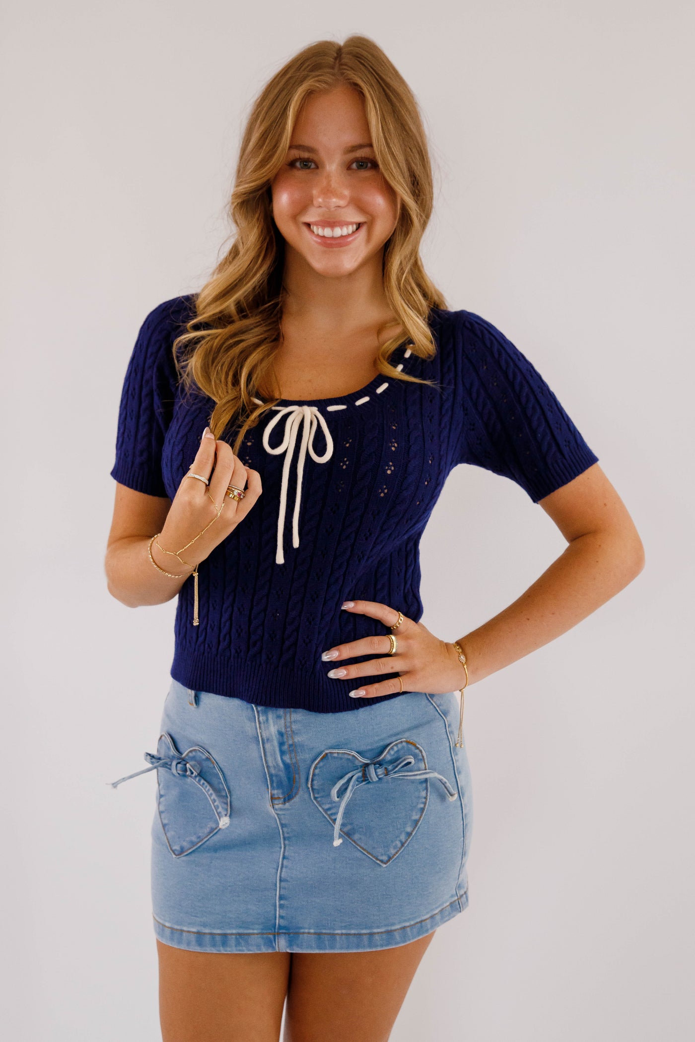 Navy Blue Pointelle Sweater- Women's Navy and Ivory Bow Sweater- Short Sleeve Knitted Sweater for Women