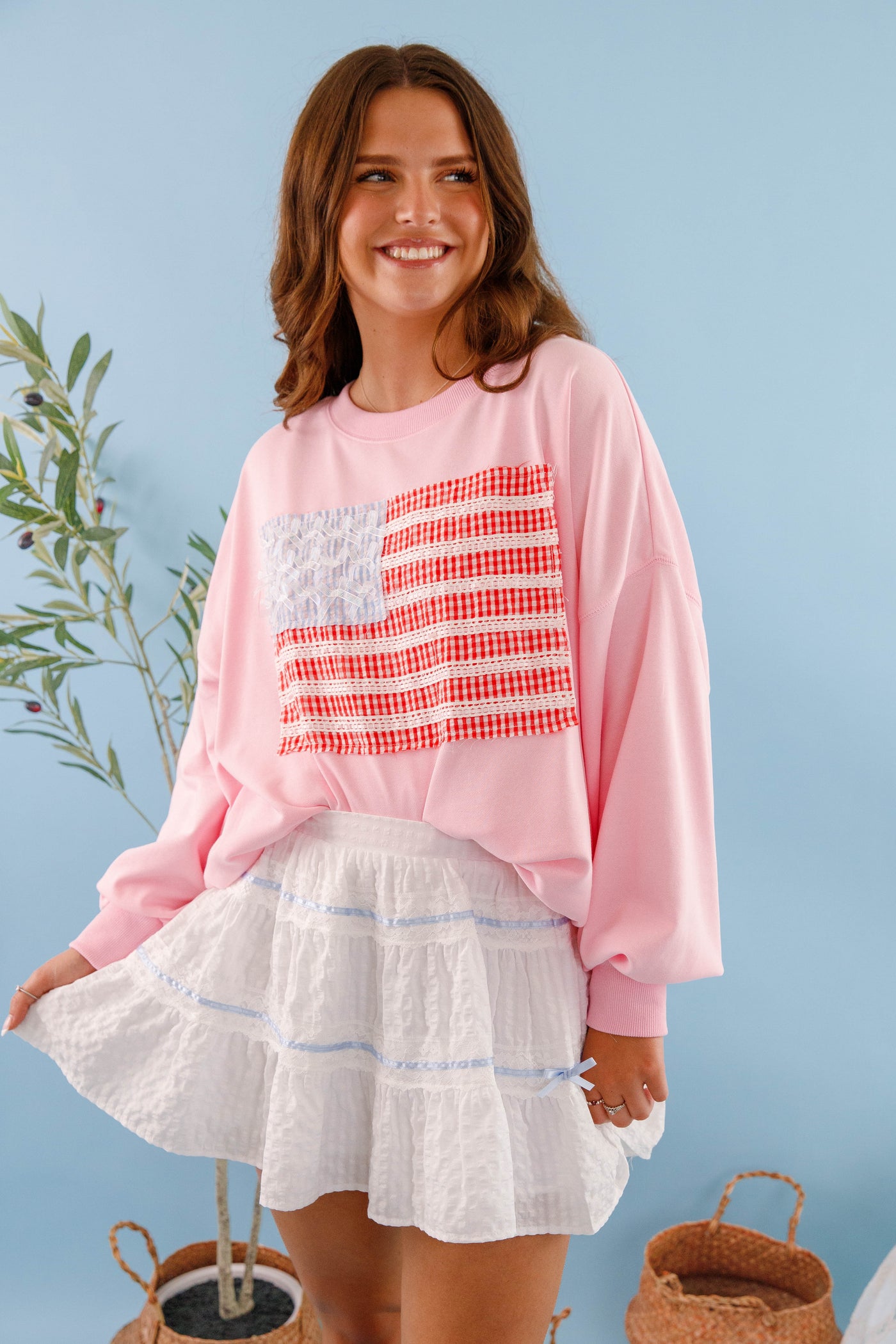 White Ruffle Mini Skirt- Women's White and Blue Ribbon Mini Skirt