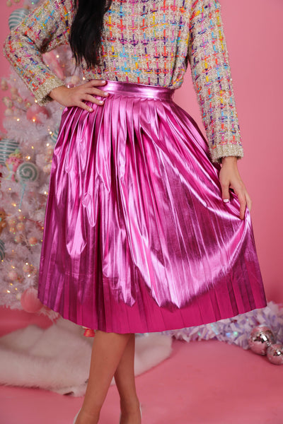 Women's Pink Pleated Midi Skirt- Women's Pink Metallic Skirt- Idem Ditto Skirt