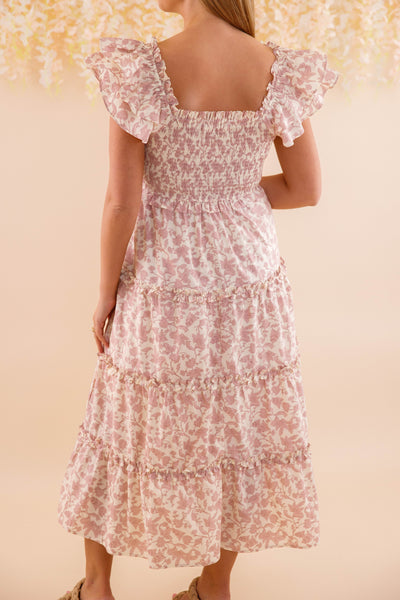 Ruffle Floral Print Midi Dress- Women's Pink Dresses- Smocked Midi Dress