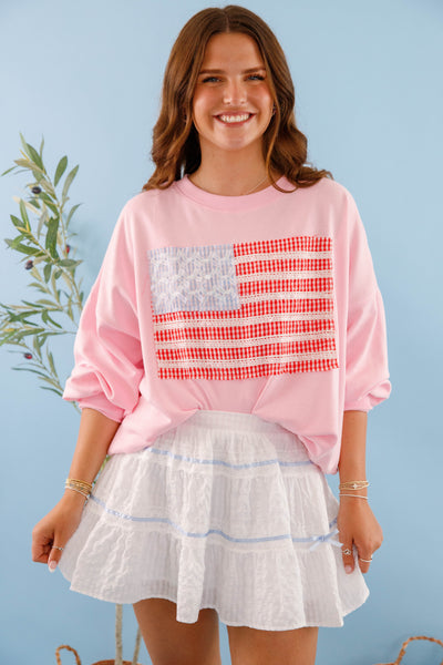 Women's Blush Pink American Flag Pullover- Ribbon and Bow Flag Pullover