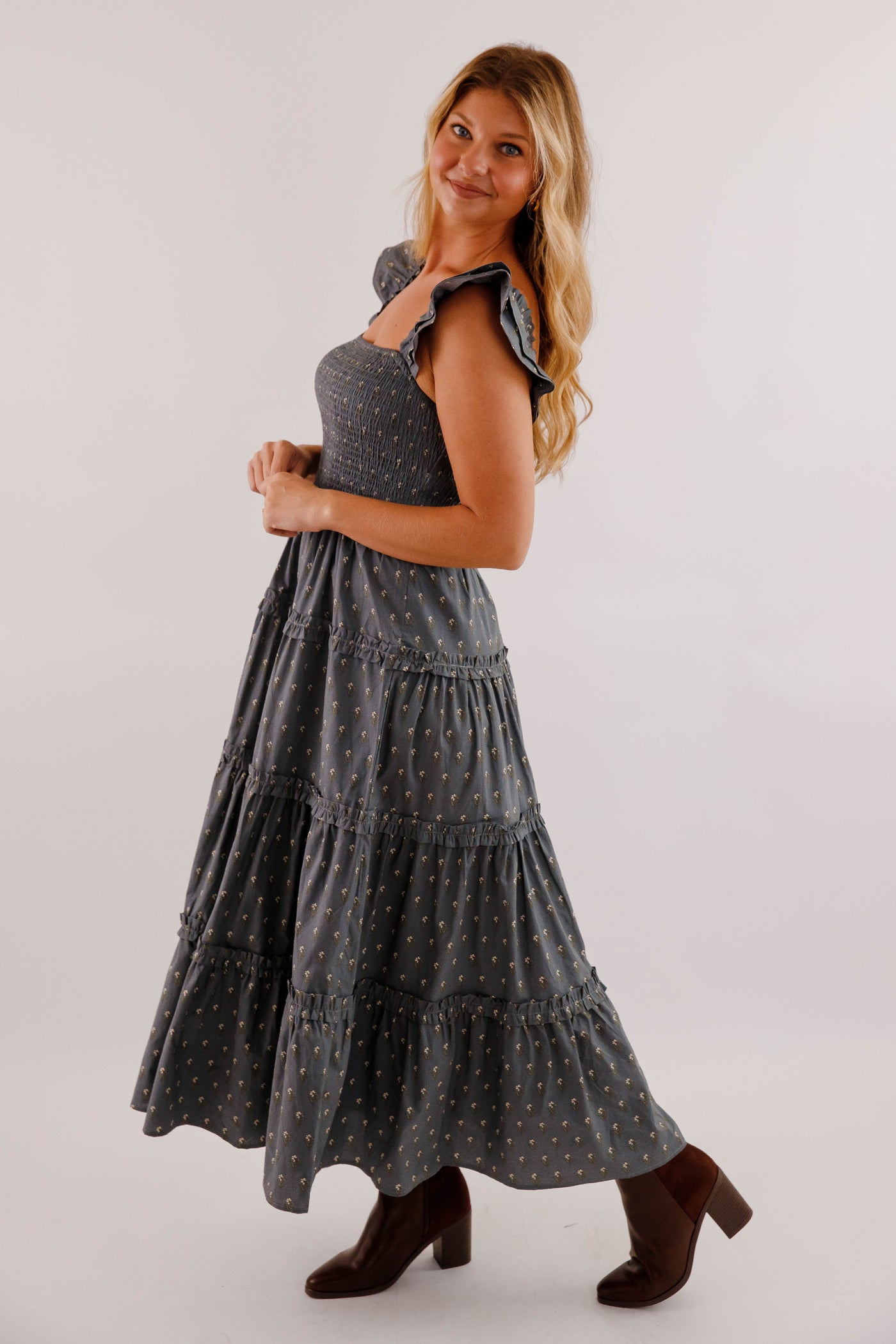 Smocked Bodice Tiered Midi Dress- Ruffle Strap Cotton Midi Dress- Floral Print Day to Evening Dress