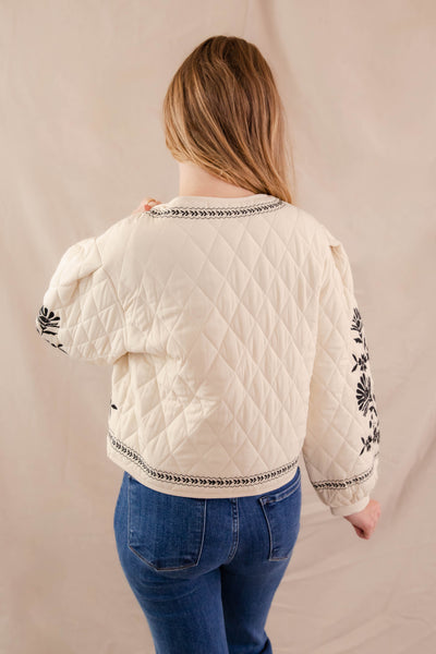 Floral Embroidery Quilted Jacket- Women's Boxy Quilt Jacket- Front Tie Coat