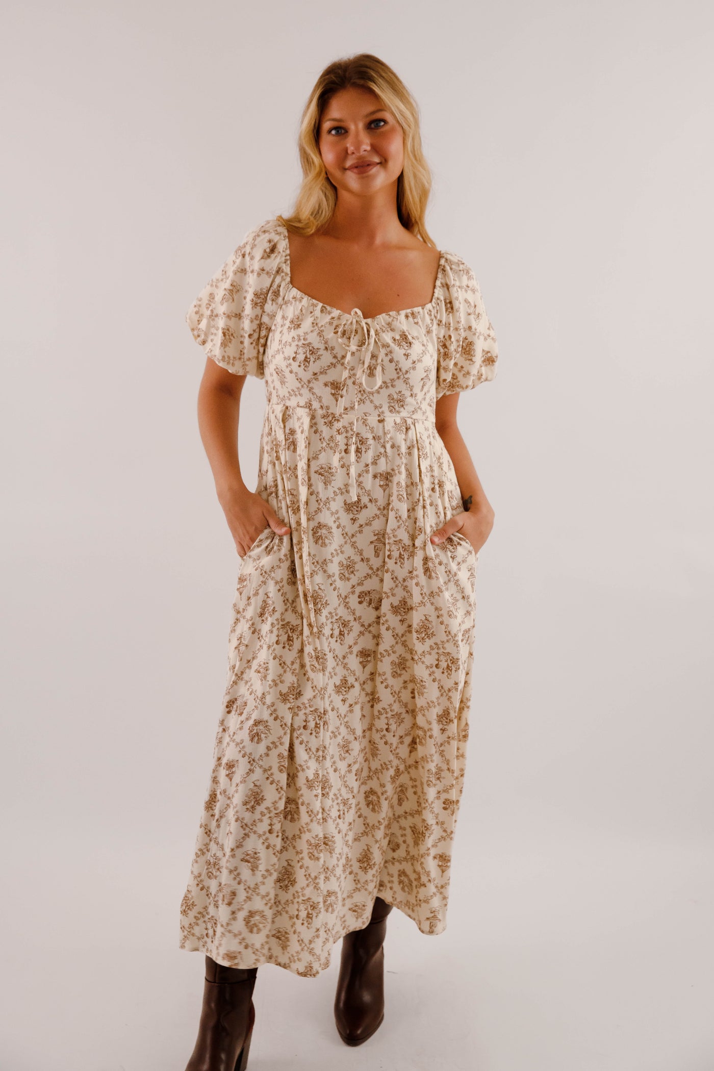 Women's Neutral Print Midi Dress- Puffed Sleeve Midi Dress- Million Colors Porcelain Print Dress 