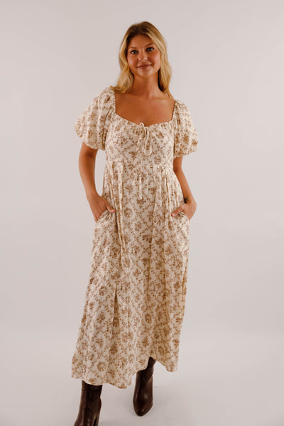 Women's Neutral Print Midi Dress- Puffed Sleeve Midi Dress- Million Colors Porcelain Print Dress 