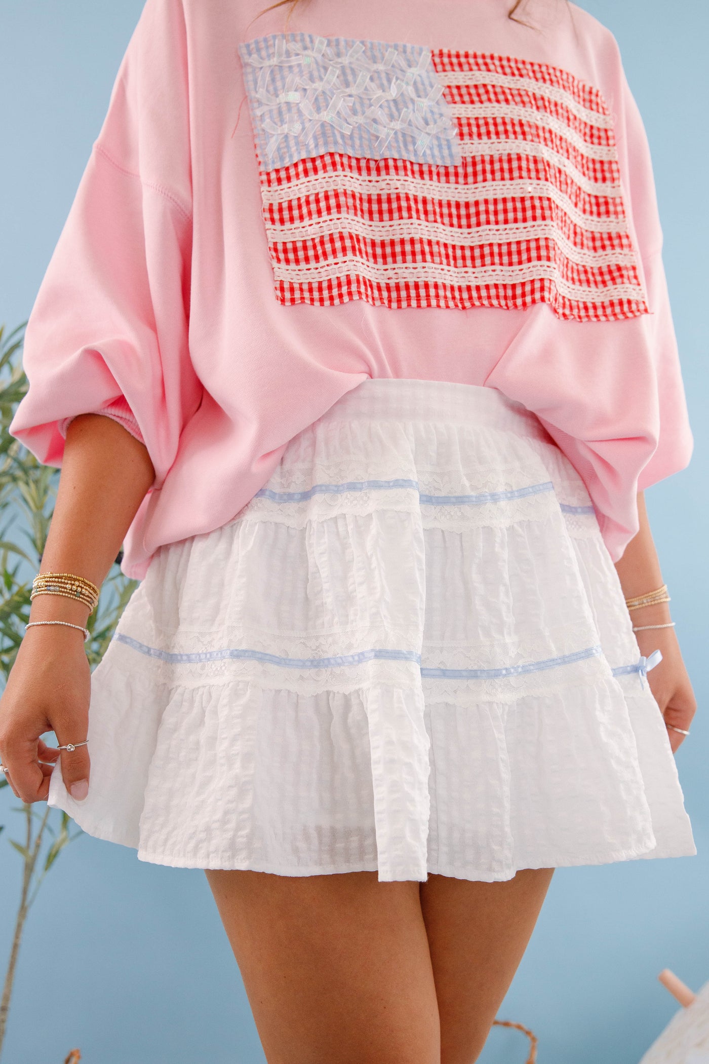White Ruffle Mini Skirt- Women's White and Blue Ribbon Mini Skirt