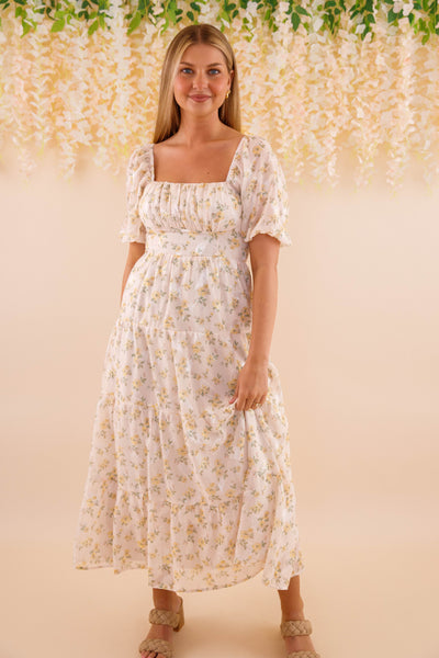 Women's Chiffon Midi Dress- Yellow Flower Print Dress- Women's Conservative Dresses