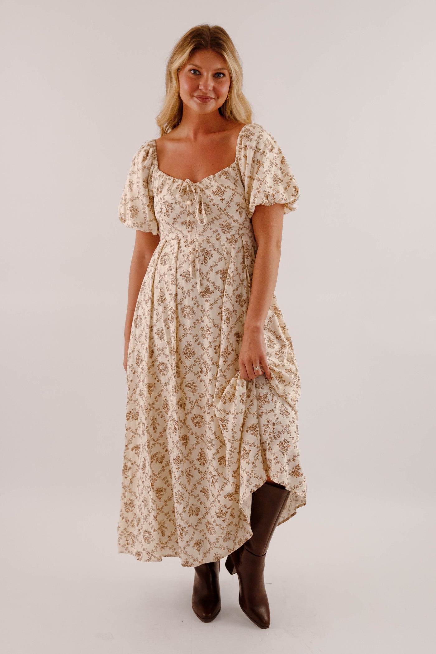 Women's Neutral Print Midi Dress- Puffed Sleeve Midi Dress- Million Colors Porcelain Print Dress 