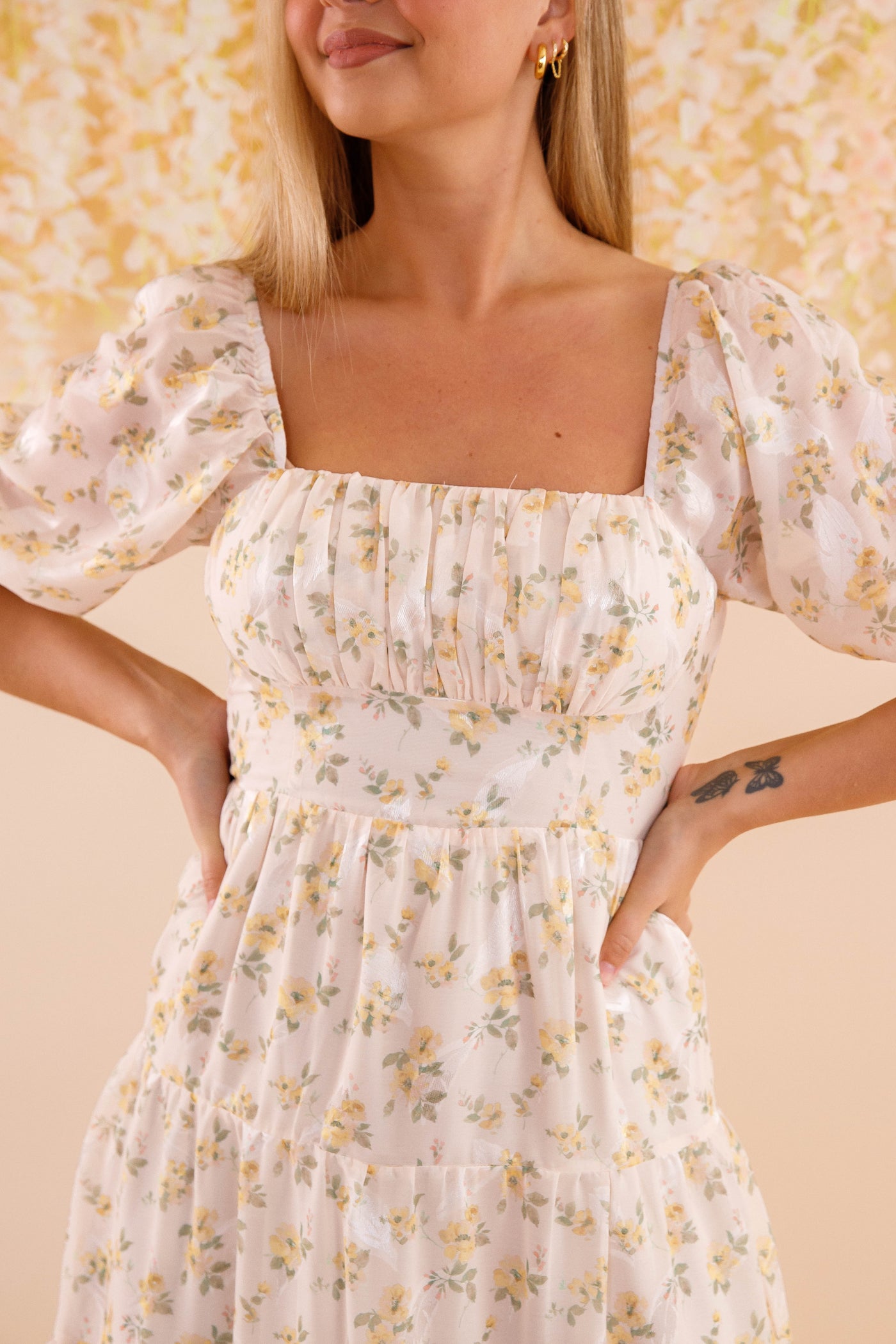 Women's Chiffon Midi Dress- Yellow Flower Print Dress- Women's Conservative Dresses