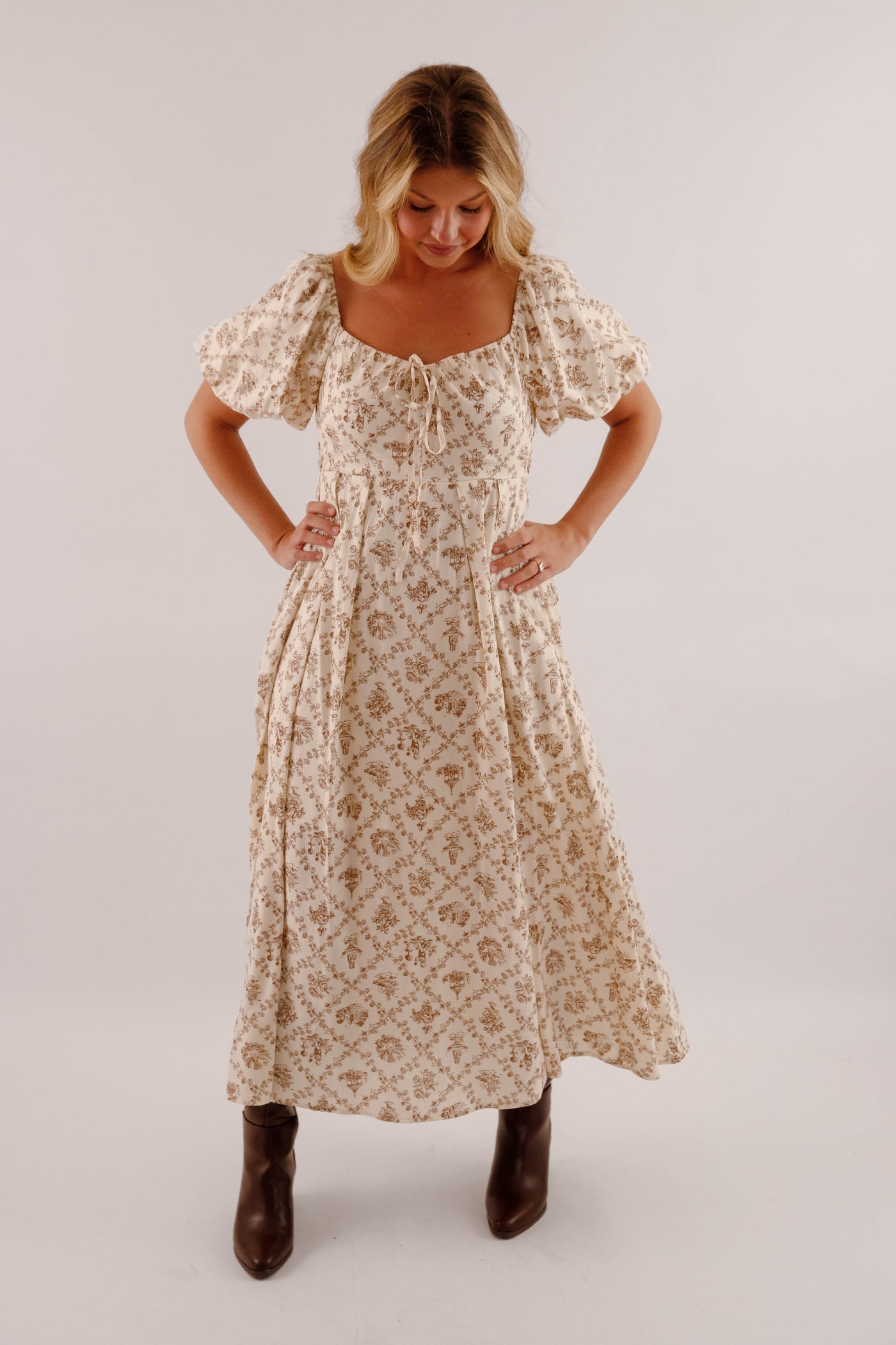 Women's Neutral Print Midi Dress- Puffed Sleeve Midi Dress- Million Colors Porcelain Print Dress 