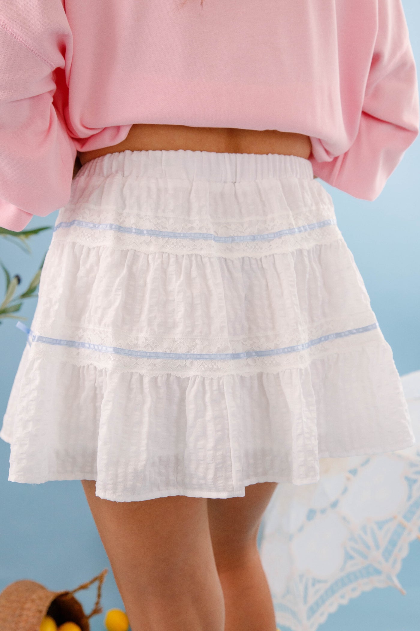White Ruffle Mini Skirt- Women's White and Blue Ribbon Mini Skirt