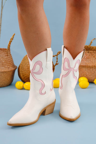 White and Pink Bow Cowboy Boots- Blush Pink Bow Cowboy Boots- Preppy Bow Boots