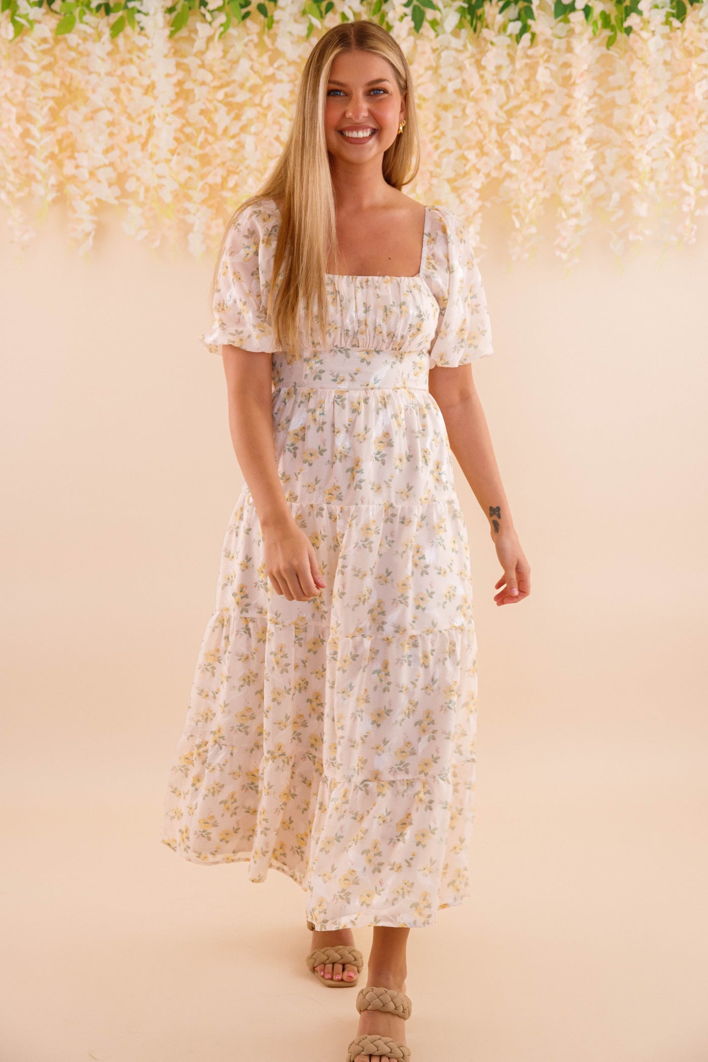 Women's Chiffon Midi Dress- Yellow Flower Print Dress- Women's Conservative Dresses
