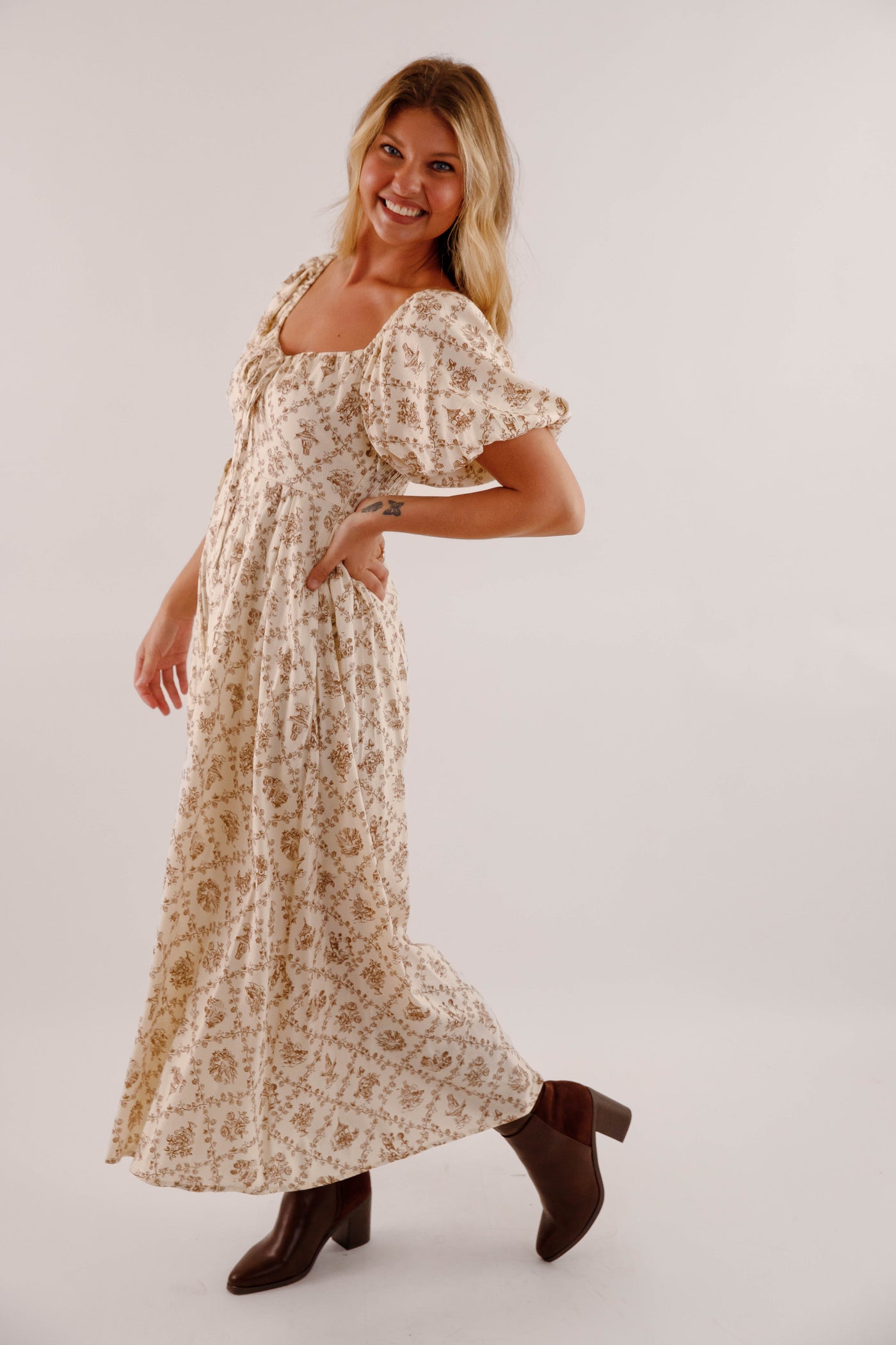 Women's Neutral Print Midi Dress- Puffed Sleeve Midi Dress- Million Colors Porcelain Print Dress 