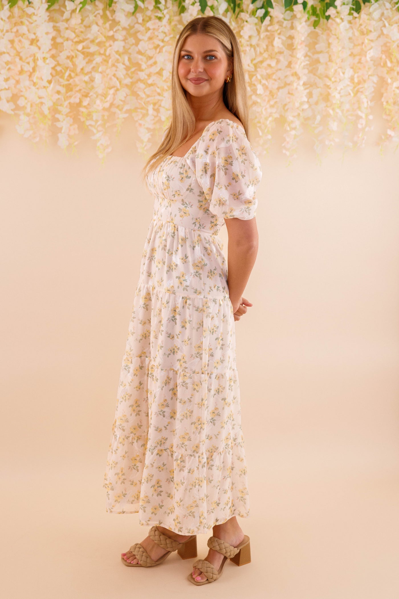 Women's Chiffon Midi Dress- Yellow Flower Print Dress- Women's Conservative Dresses