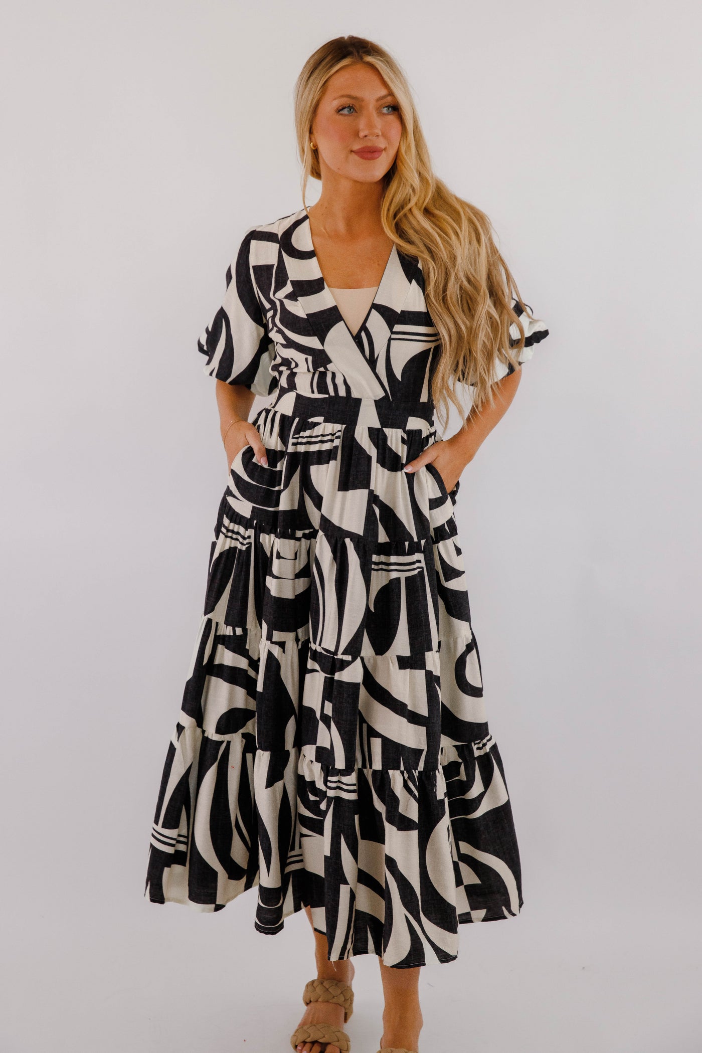 Tiered Maxi Dress- Women's Black and White Print Maxi- Bold Print Dresses for Women