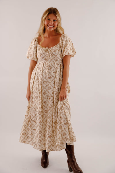 Women's Neutral Print Midi Dress- Puffed Sleeve Midi Dress- Million Colors Porcelain Print Dress 