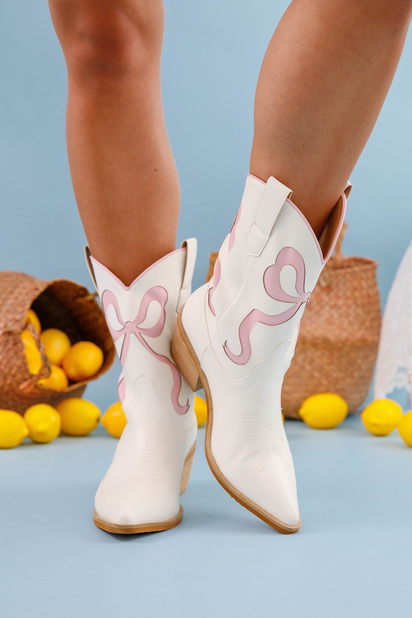 White and Pink Bow Cowboy Boots- Blush Pink Bow Cowboy Boots- Preppy Bow Boots
