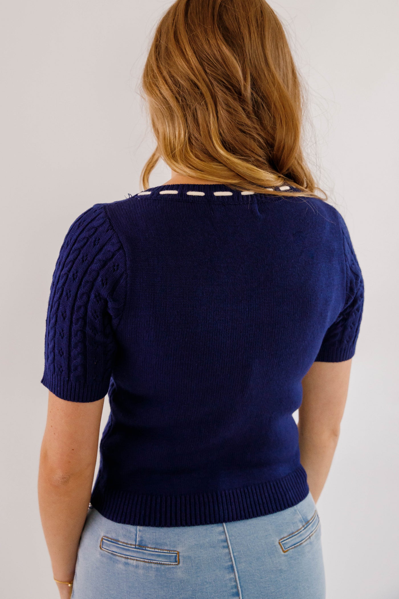 Navy Blue Pointelle Sweater- Women's Navy and Ivory Bow Sweater- Short Sleeve Knitted Sweater for Women