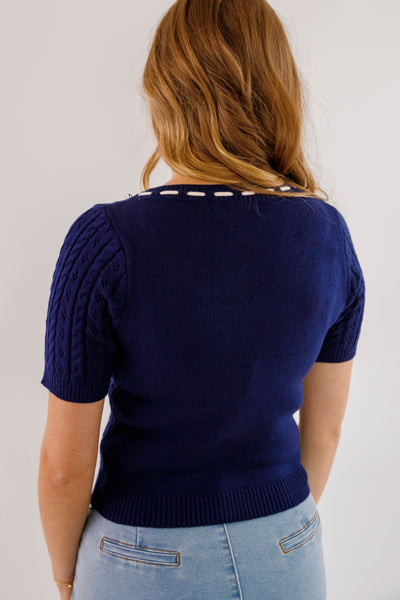 Navy Blue Pointelle Sweater- Women's Navy and Ivory Bow Sweater- Short Sleeve Knitted Sweater for Women