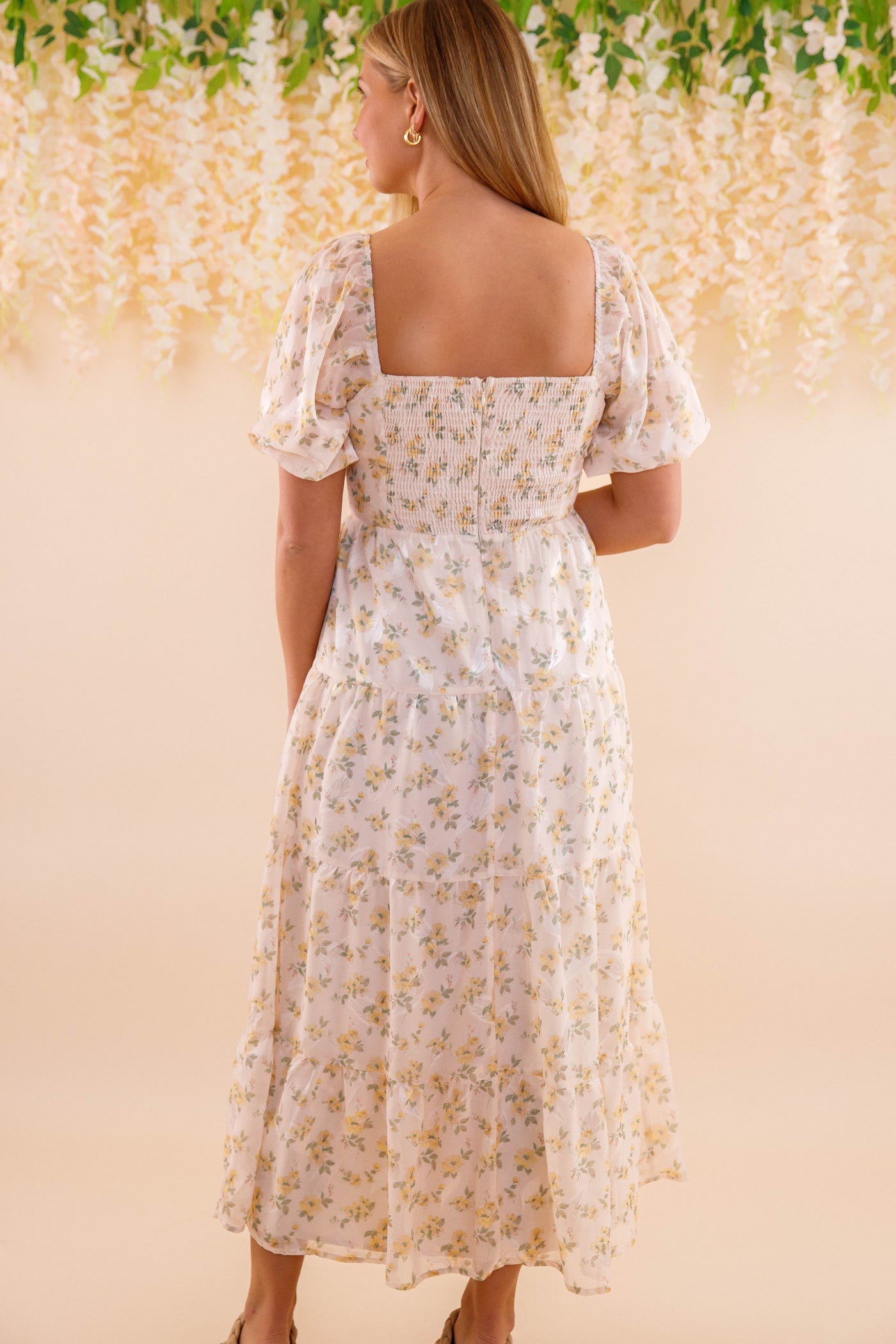 Women's Chiffon Midi Dress- Yellow Flower Print Dress- Women's Conservative Dresses