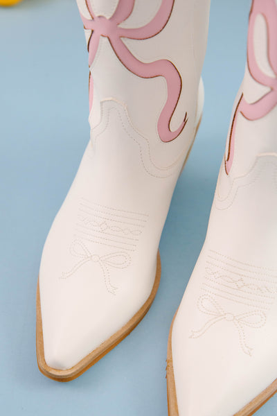 White and Pink Bow Cowboy Boots- Blush Pink Bow Cowboy Boots- Preppy Bow Boots