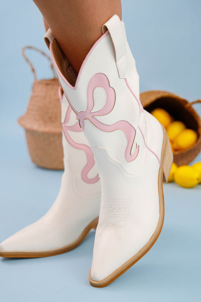 White and Pink Bow Cowboy Boots- Blush Pink Bow Cowboy Boots- Preppy Bow Boots