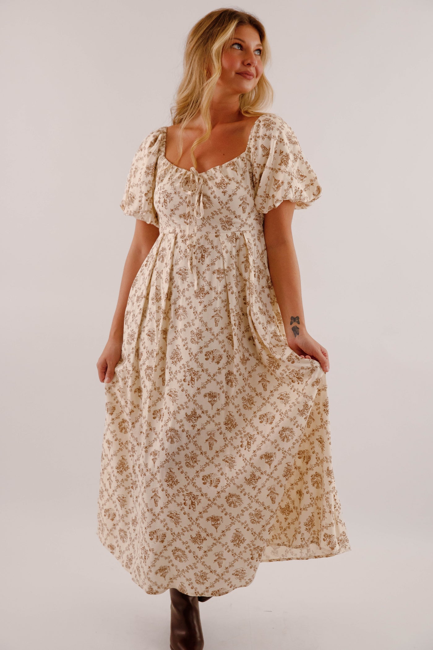 Women's Neutral Print Midi Dress- Puffed Sleeve Midi Dress- Million Colors Porcelain Print Dress 