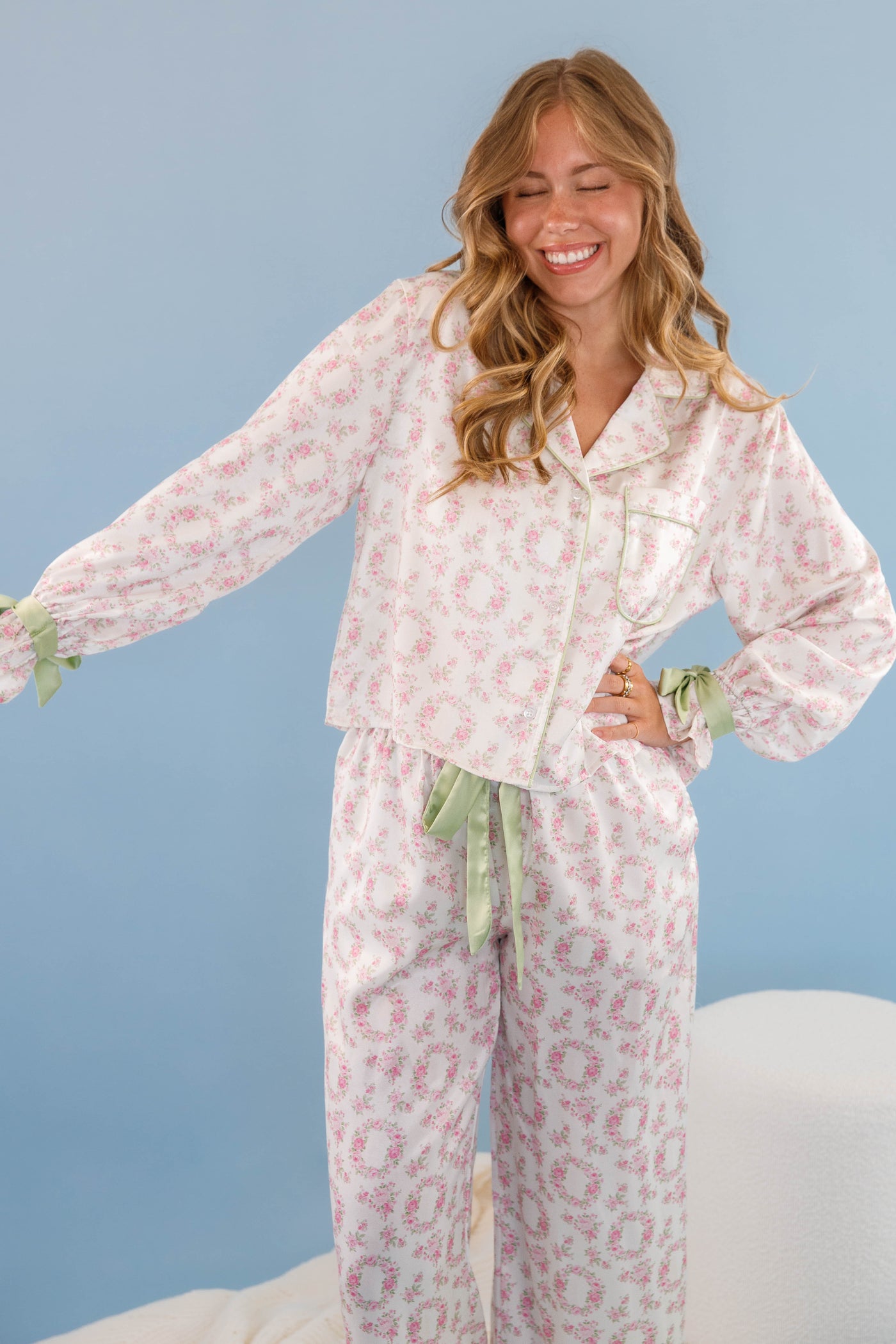 Women's Bow Pajama Top- Floral Print Pajama Top- Women's Stain PJ Set