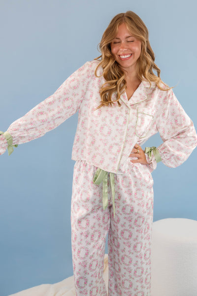 Women's Bow Pajama Top- Floral Print Pajama Top- Women's Stain PJ Set