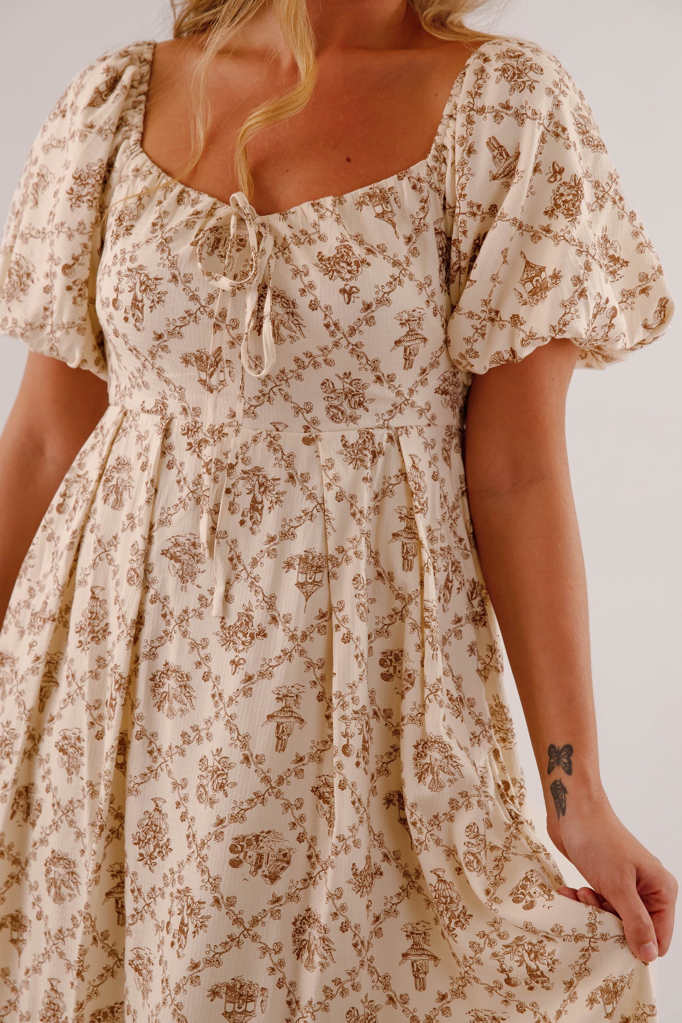 Women's Neutral Print Midi Dress- Puffed Sleeve Midi Dress- Million Colors Porcelain Print Dress 