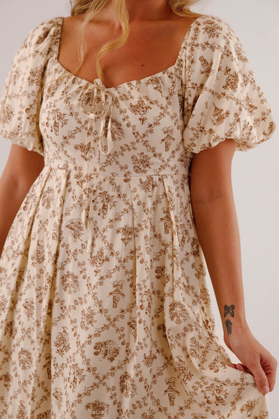 Women's Neutral Print Midi Dress- Puffed Sleeve Midi Dress- Million Colors Porcelain Print Dress 