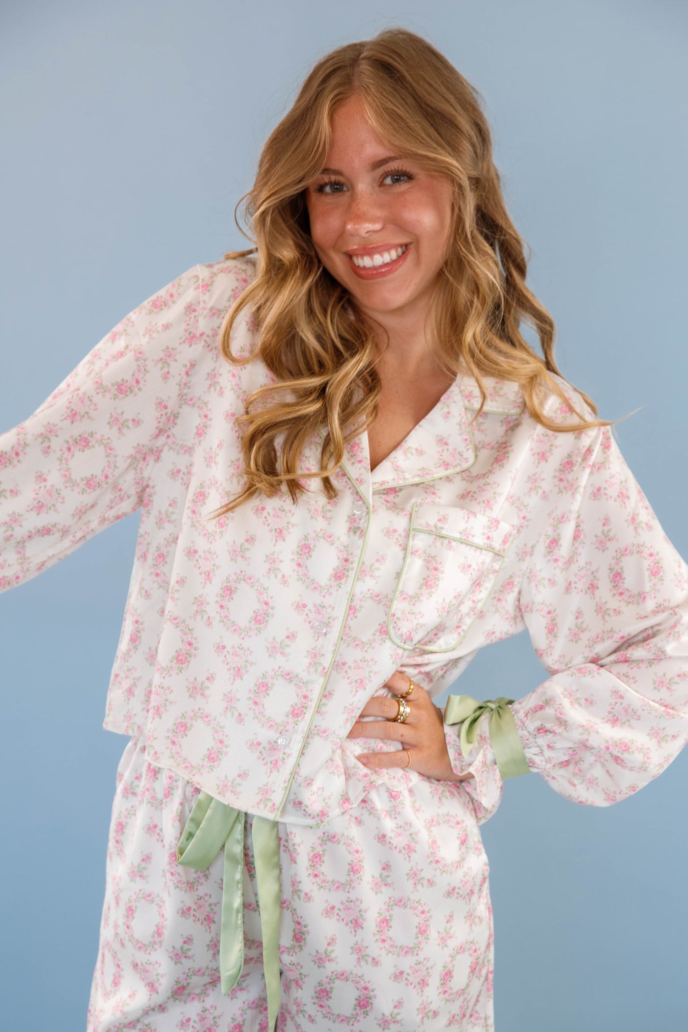 Women's Bow Pajama Top- Floral Print Pajama Top- Women's Stain PJ Set