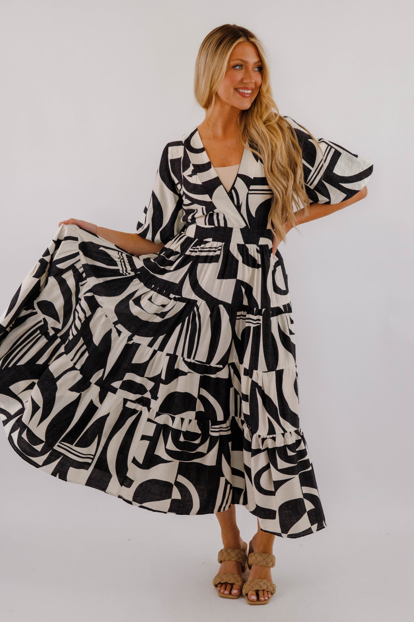 Tiered Maxi Dress- Women's Black and White Print Maxi- Bold Print Dresses for Women