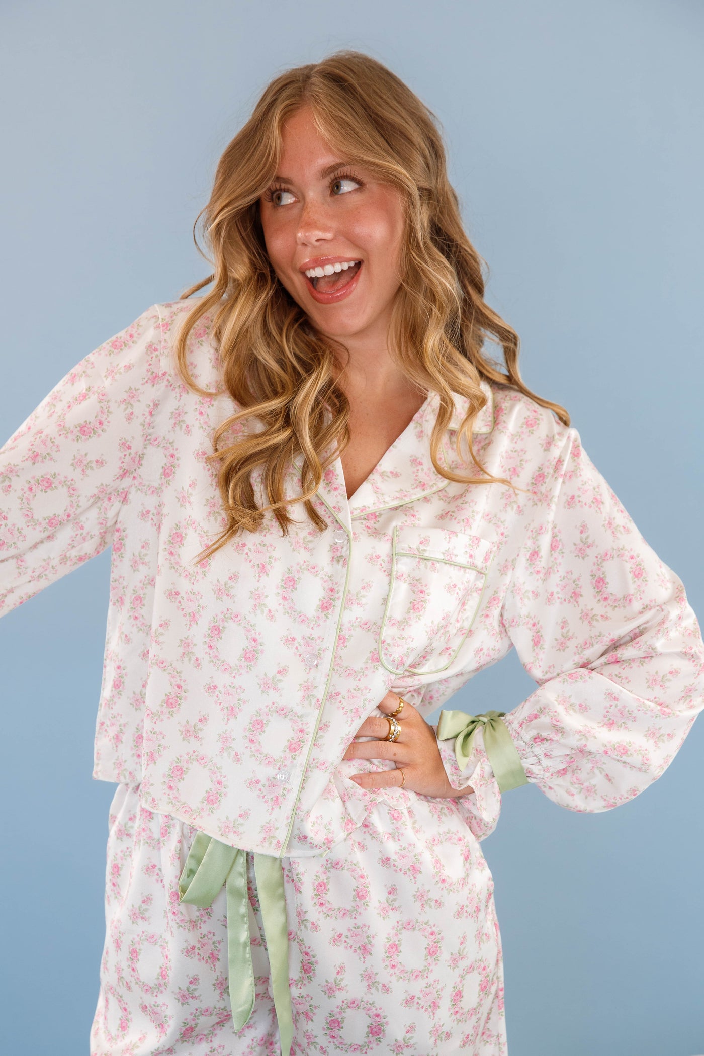 Women's Bow Pajama Top- Floral Print Pajama Top- Women's Stain PJ Set