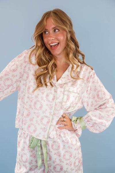 Women's Bow Pajama Top- Floral Print Pajama Top- Women's Stain PJ Set