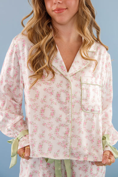 Women's Bow Pajama Top- Floral Print Pajama Top- Women's Stain PJ Set