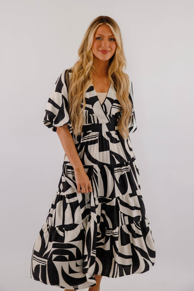 Tiered Maxi Dress- Women's Black and White Print Maxi- Bold Print Dresses for Women