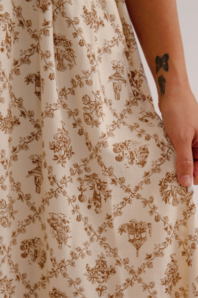 Women's Neutral Print Midi Dress- Puffed Sleeve Midi Dress- Million Colors Porcelain Print Dress 