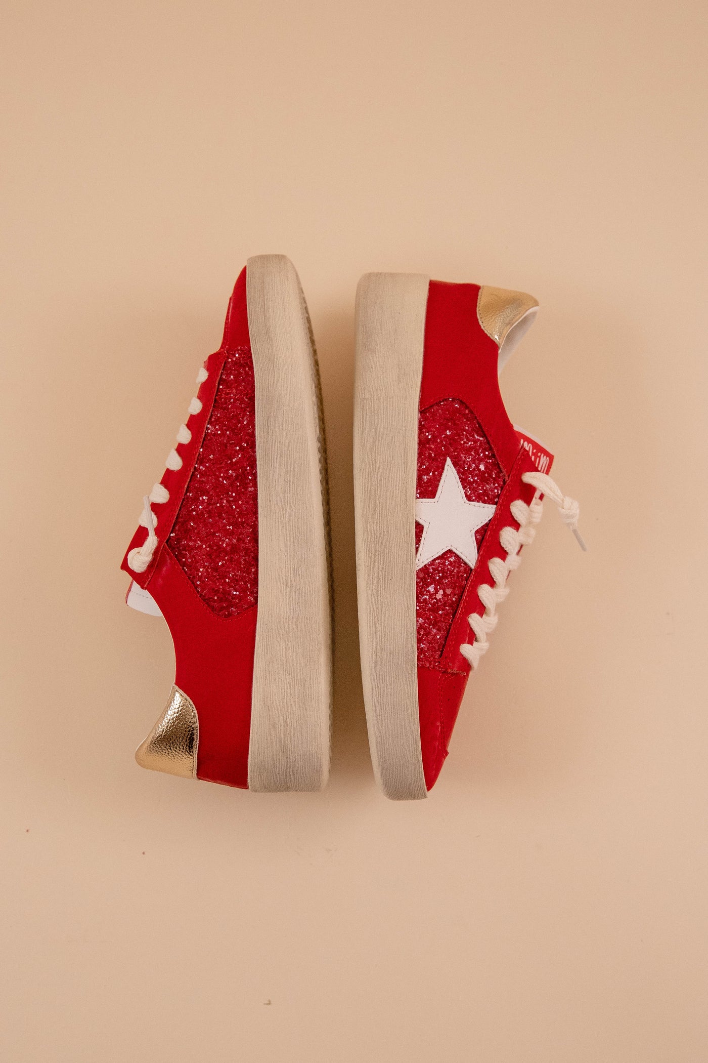 Trendy Star Sneakers- Women's Red Glitter Distressed Sneakers- MiiM Sneakers