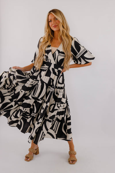 Tiered Maxi Dress- Women's Black and White Print Maxi- Bold Print Dresses for Women