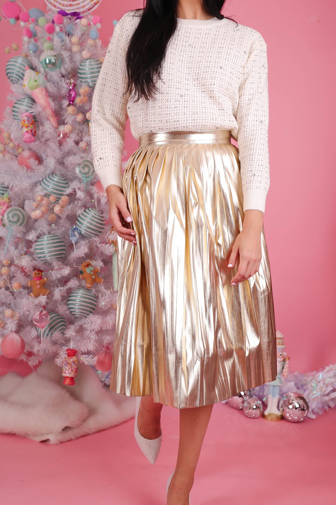 Women's Gold Pleated Midi Skirt- Women's Gold Metallic Skirt- Idem Ditto Skirt