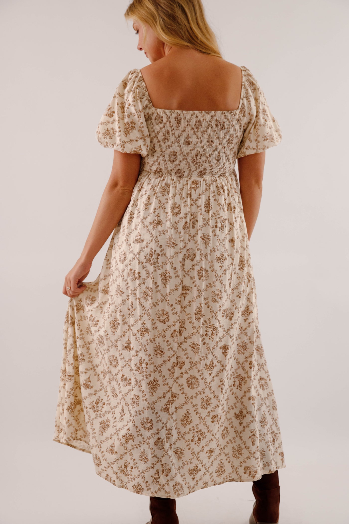 Women's Neutral Print Midi Dress- Puffed Sleeve Midi Dress- Million Colors Porcelain Print Dress 