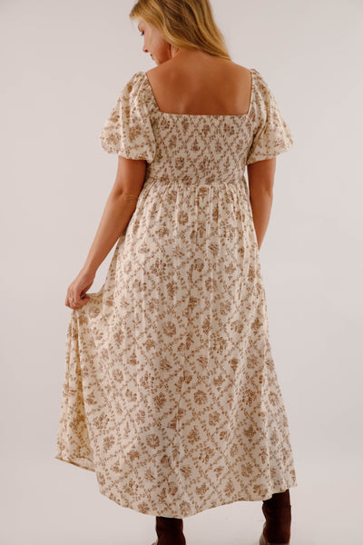 Women's Neutral Print Midi Dress- Puffed Sleeve Midi Dress- Million Colors Porcelain Print Dress 