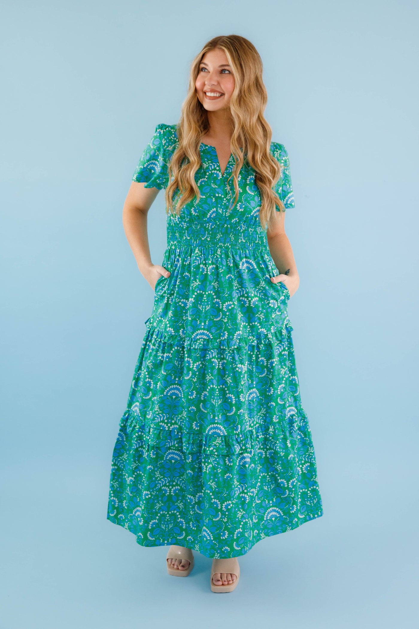 Classic Poplin Maxi Dress- Women's Green Print Maxi- SugarLips Cotton Maxi Dress