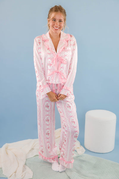 Women's Pink Bow Pajama Pants- Floral Print Pajama Bottoms- Women's Stain PJ Set