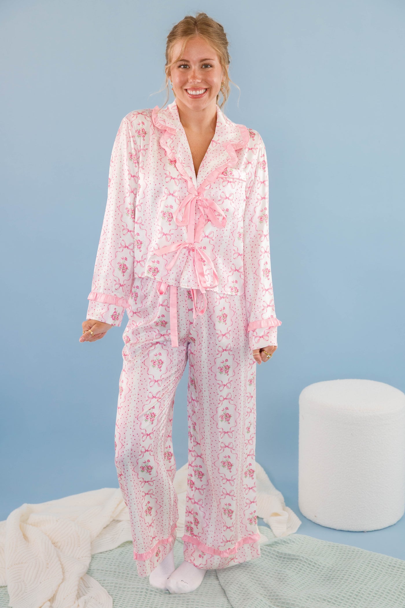 Women's Pink Bow Pajama Top- Floral Print Pajama Top- Women's Stain PJ Set