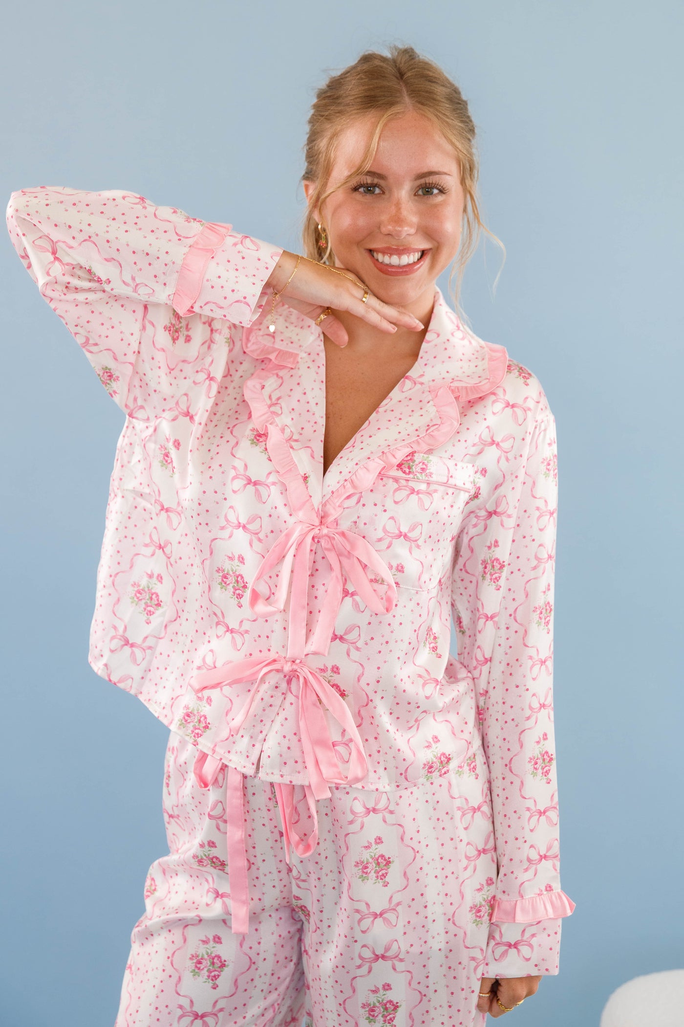 Women's Pink Bow Pajama Top- Floral Print Pajama Top- Women's Stain PJ Set