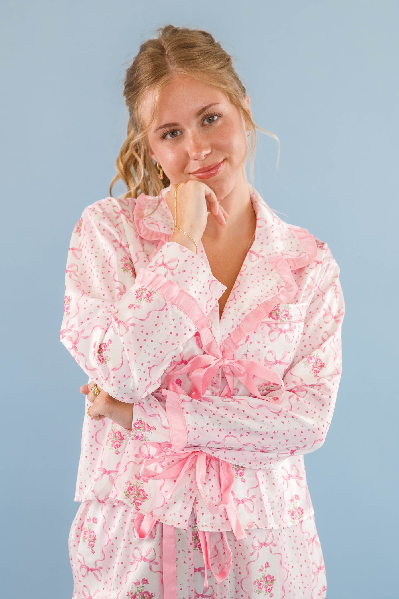 Women's Pink Bow Pajama Top- Floral Print Pajama Top- Women's Stain PJ Set